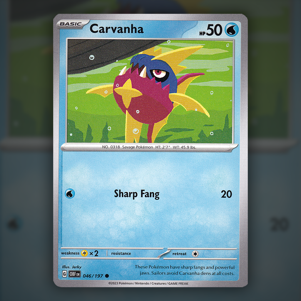 046/197 - Carvanha Pokemon Card | Obsidian Flames Cup of Cards 046/197 - Carvanha Pokemon Card | Obsidian Flames Cup of Cards