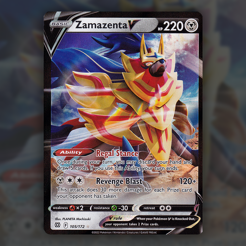 105/172 - Zamazenta V Pokemon Card | Brilliant Stars Cup of Cards 105/172 - Zamazenta V Pokemon Card | Brilliant Stars Cup of Cards