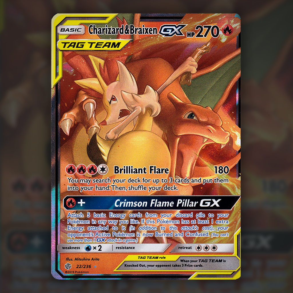 22/236 - Charizard & Braixen GX Pokemon Card | Cosmic Eclipse Cup of Cards 22/236 - Charizard & Braixen GX Pokemon Card | Cosmic Eclipse Cup of Cards